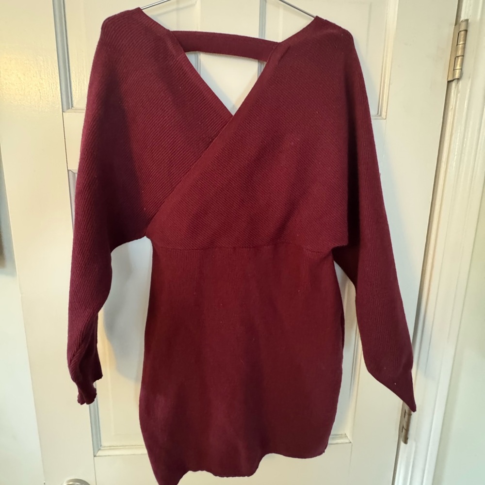 Cocktail Batwing Long Sleeve Backless Mock Wrap Knit Sweater Mini Dress